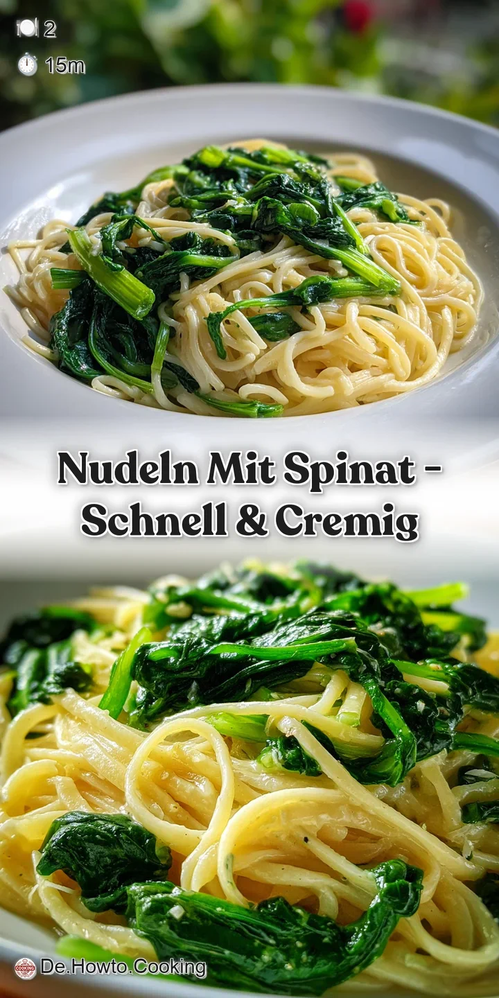 Close-up: Emerald green spinach noodles coated in creamy sauce, flecks of pepper, and melted cheese details visible.