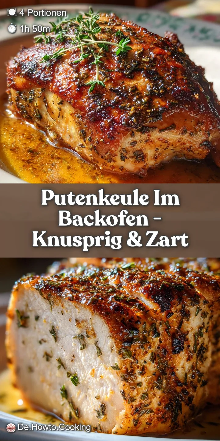 Close-up of juicy, roasted turkey leg with crispy, crackling skin, glistening with flavorful juices, inviting a delicious ...