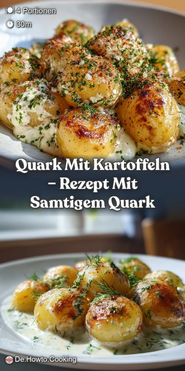 Close-up of the baked potato and quark dish, showing the creamy, slightly browned surface of the quark and crispy potato e...