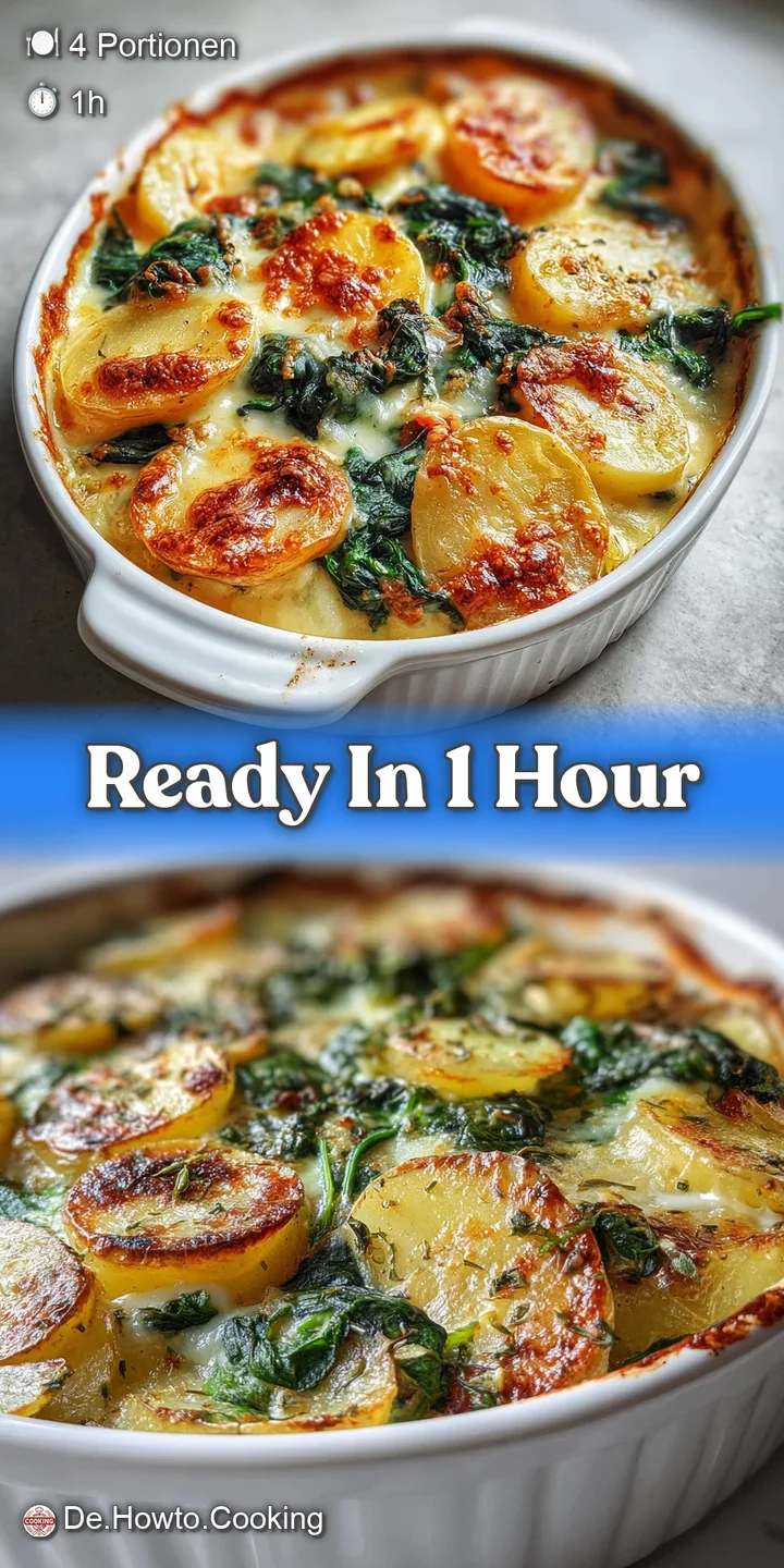 Close-up of bubbly, cheesy potato bake, showing the creamy texture of the spinach and potatoes. The dish is ready to be ea...