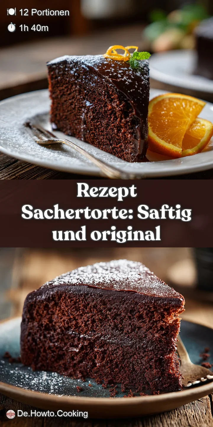 Close-up of a Sachertorte. See the shiny chocolate glaze with a dusting of cocoa. You can almost taste the soft apricot fi...