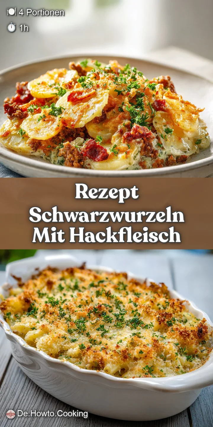 Close-up reveals tender salsify and savory ground meat, bathed in a rich, velvety sauce. Flecks of herbs add color.