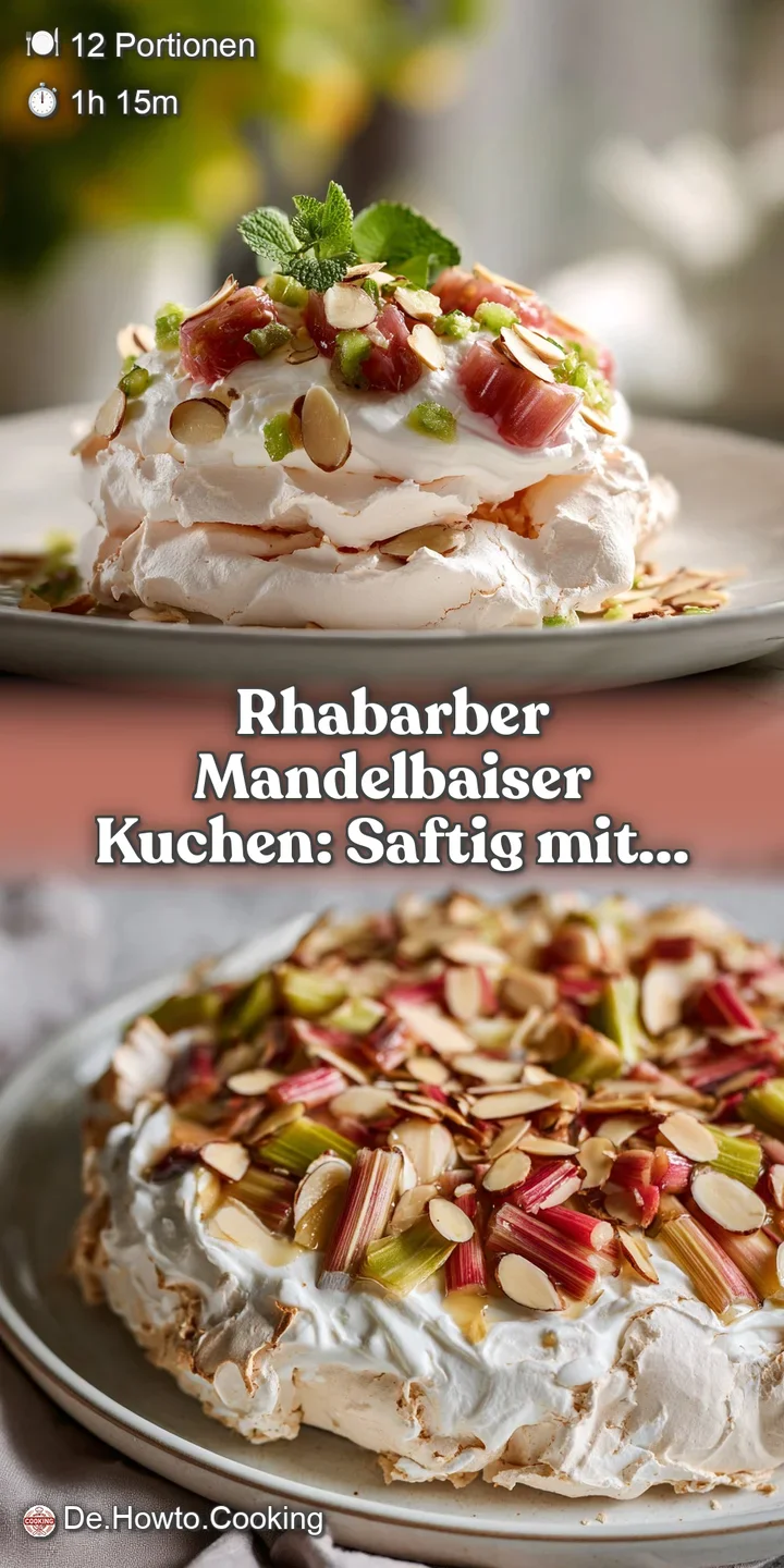 Close-up reveals toasted almond slivers, fluffy meringue peaks, and the vibrant pink of the rhubarb filling in this delici...