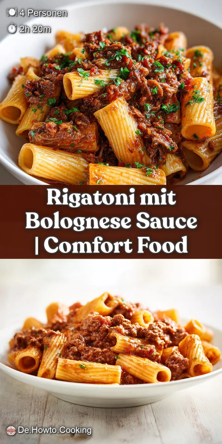 Detailaufnahme von R&ouml;hrenpasta, umschlossen von st&uuml;ckiger, gl&auml;nzender Fleischsauce und geschmolzenem, hellem K&auml;se.