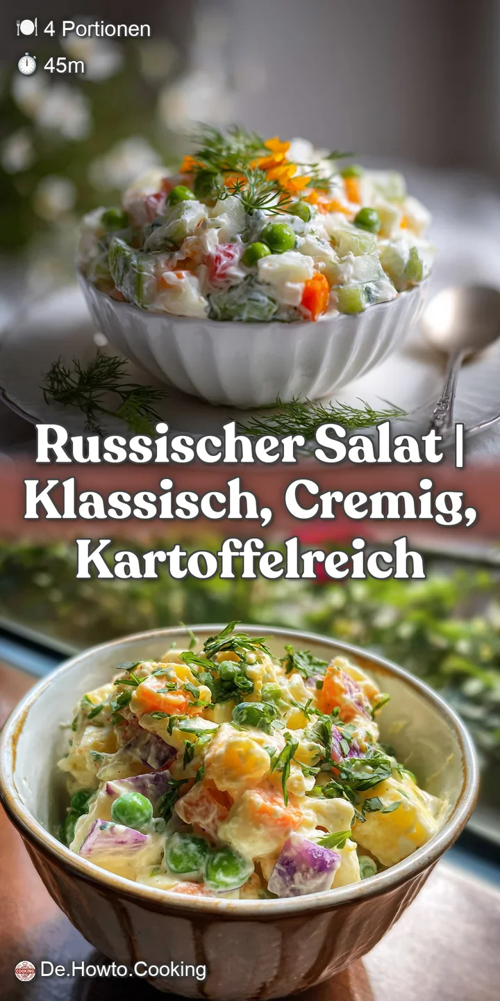 Close-up of creamy Russian salad; showing a mixture of soft, tender diced potatoes and vegetables. Colorful and inviting, ...