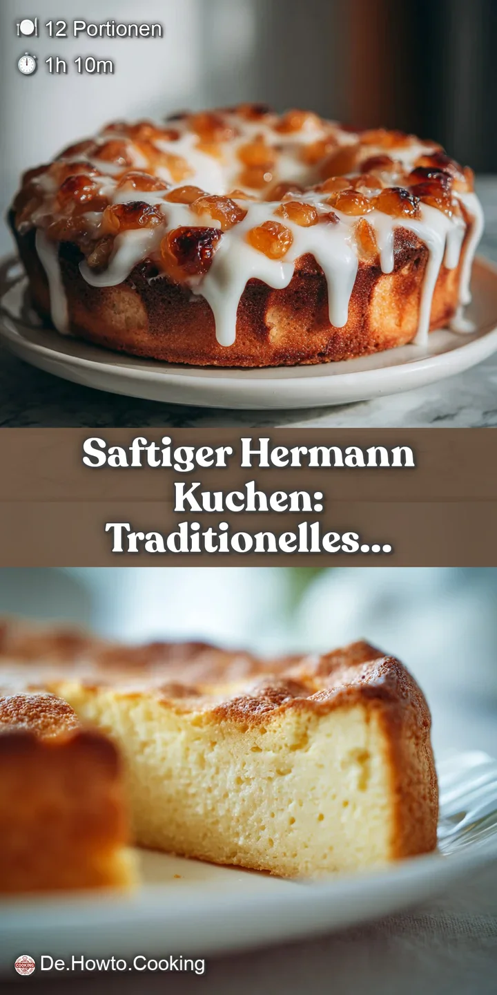 Close-up of the Hermann Kuchen, showing the moist crumb and golden crust. A gentle dusting of powdered sugar. Soft, inviti...