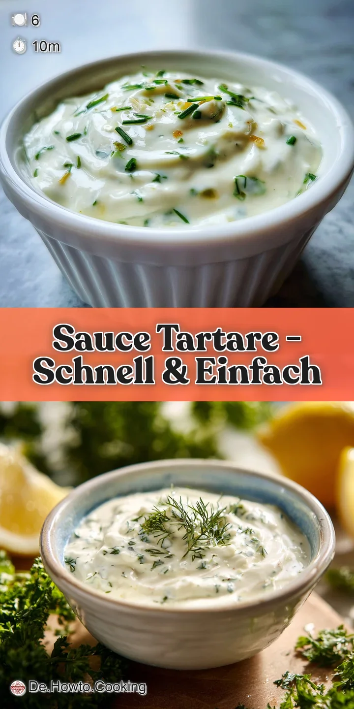 Close-up of rich, homemade tartar sauce with visible specks of green herbs. Light reflects off the smooth, glossy surface,...