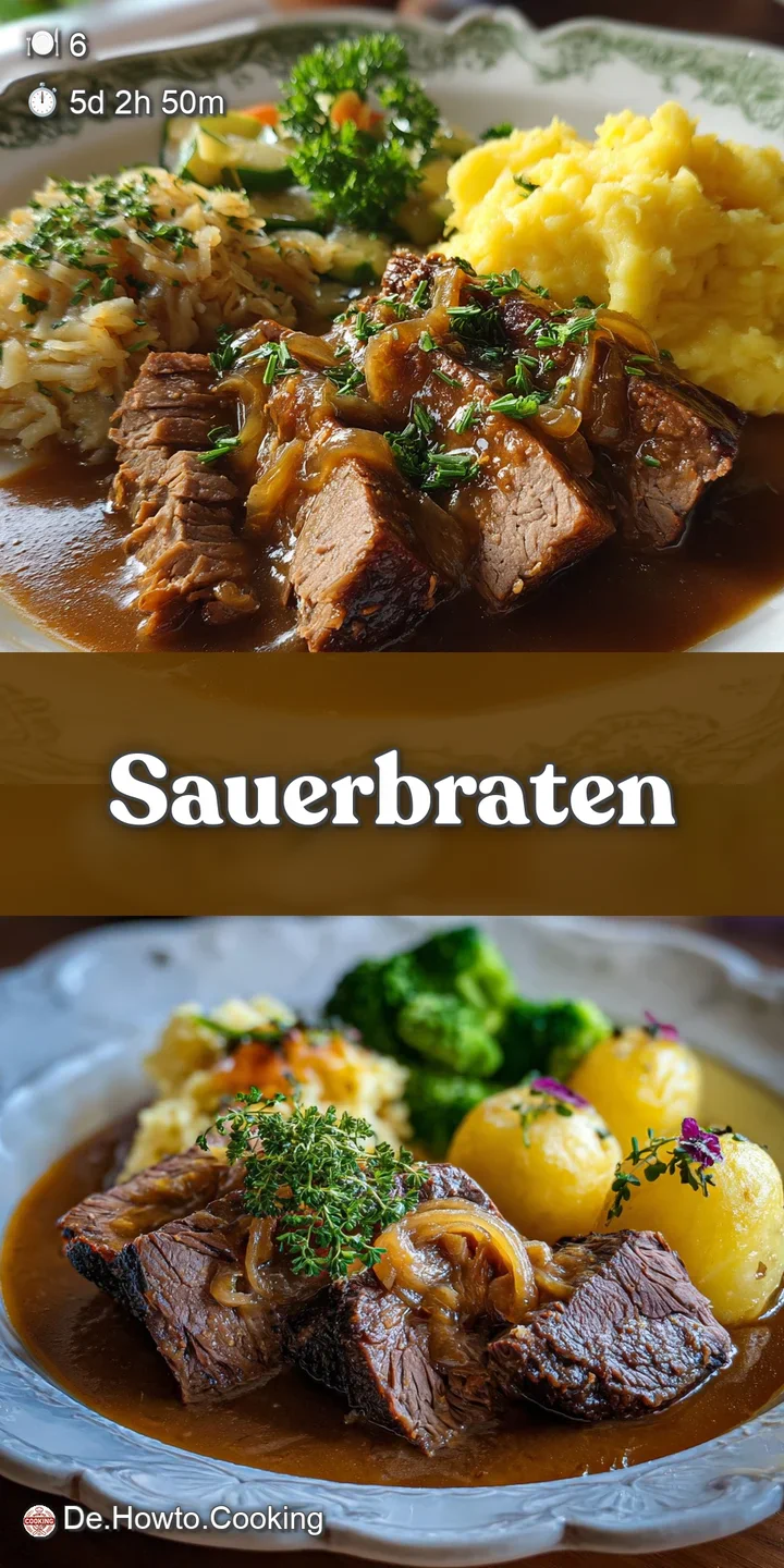 Close-up reveals the moist, shredded texture of sauerbraten, swimming in a glossy, flavorful sauce with visible herbs and ...