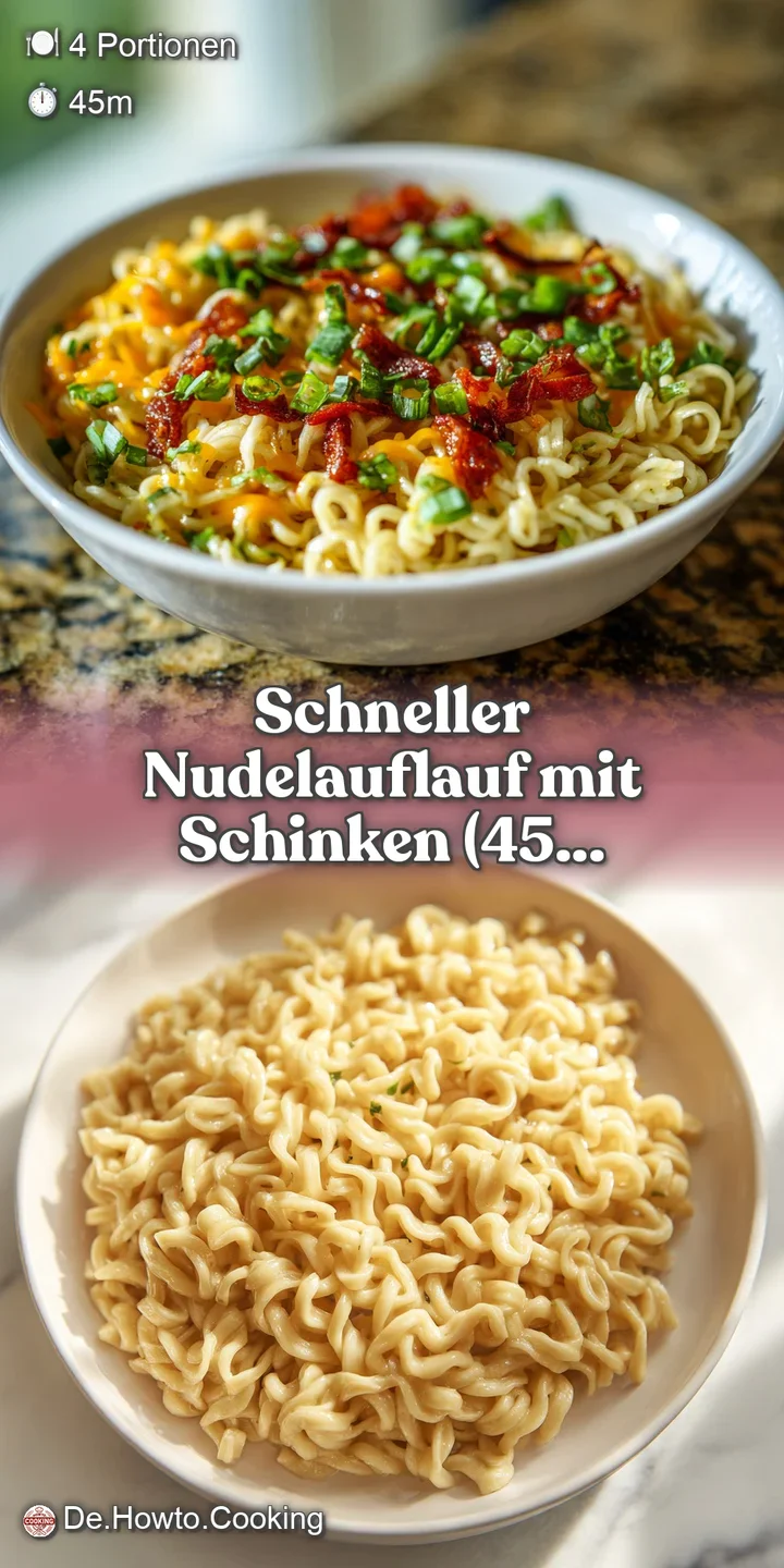 Close-up of a creamy pasta bake, showcasing the melted, browned cheese and savory ham. Bubbling and delicious, ready to be...