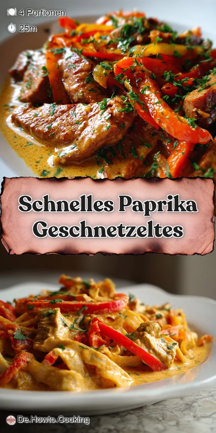 Appetizing close-up reveals tender strips of meat coated in a luscious, paprika-spiced cream sauce. Fresh herbs add a pop ...