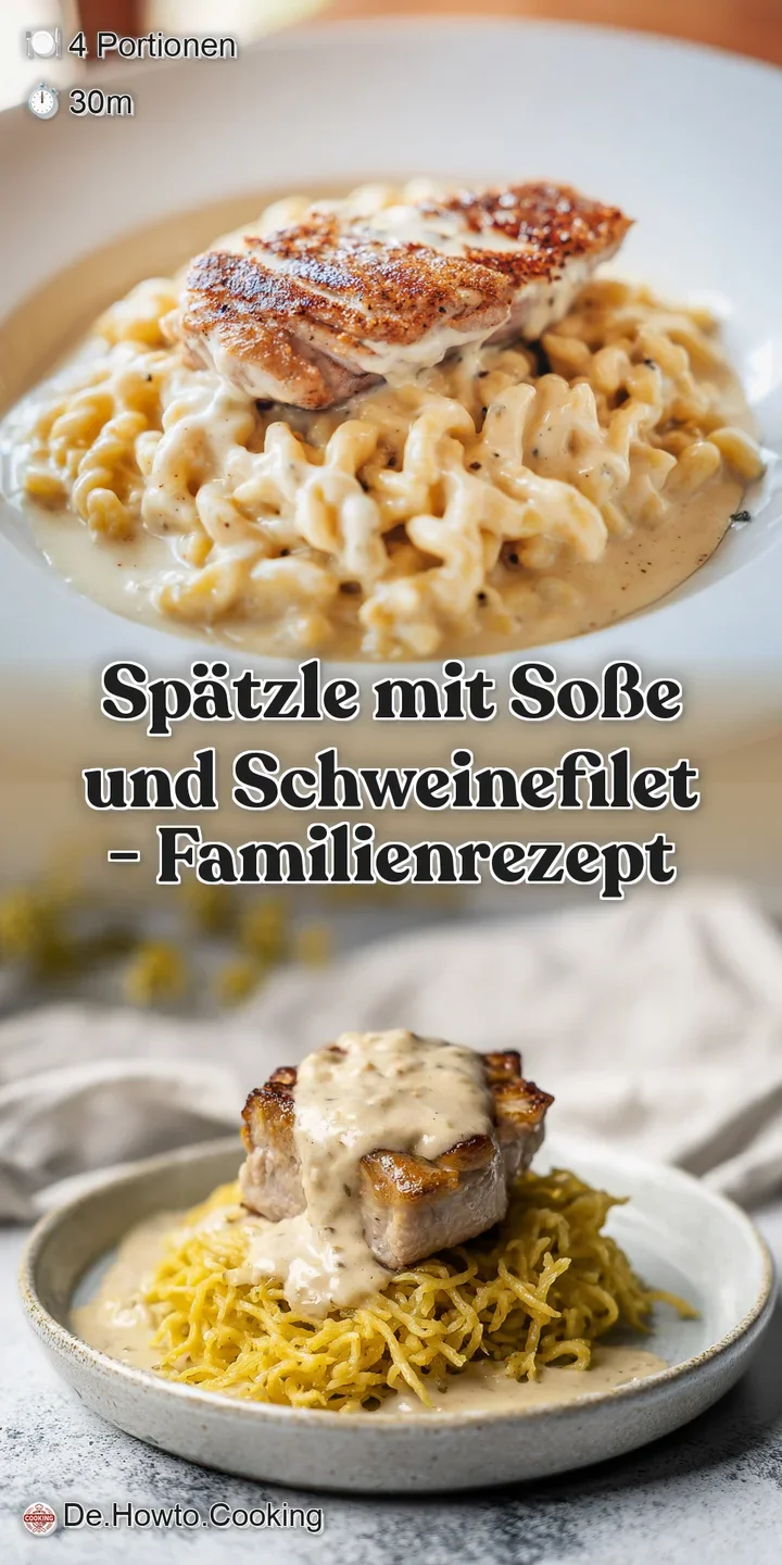 Nahaufnahme von zartrosa Fleischst&uuml;cken und gl&auml;nzender So&szlig;e, die langsam &uuml;ber die weichen, goldgelben Sp&auml;tzle flie&szlig;t.