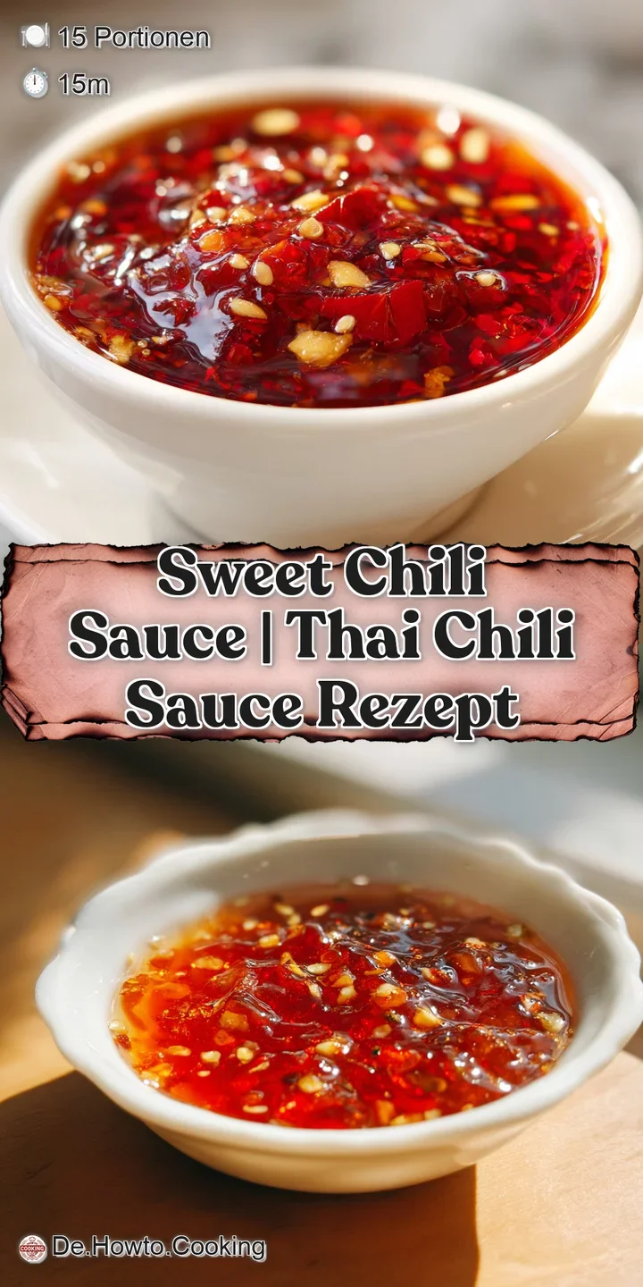 Detailaufnahme einer klebrigen, rubinroten Sauce mit gl&auml;nzender Oberfl&auml;che und kleinen, sichtbaren Chiliflocken.