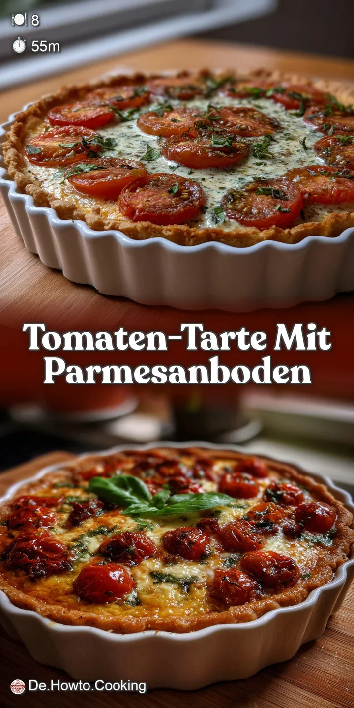 Close-up of a tomato tart slice revealing juicy, roasted tomatoes and a golden, parmesan-infused crust. Inviting and warm.