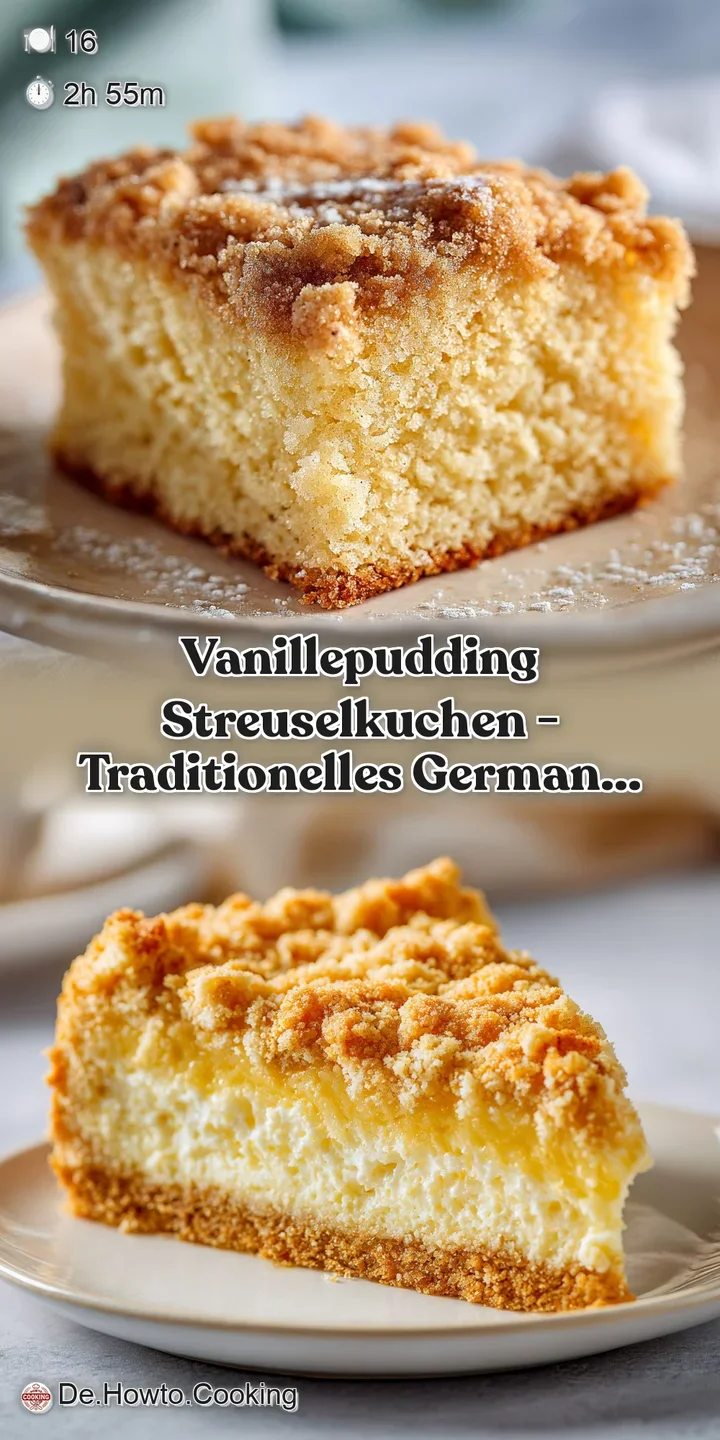 Close-up of a fluffy vanilla custard cake slice topped with crunchy, buttery golden crumbs.