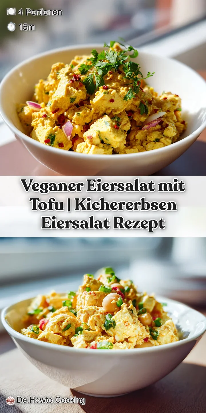 Close-up of chunky, pale yellow tofu salad with visible onion and herb flecks, showcasing a rich, smooth texture.