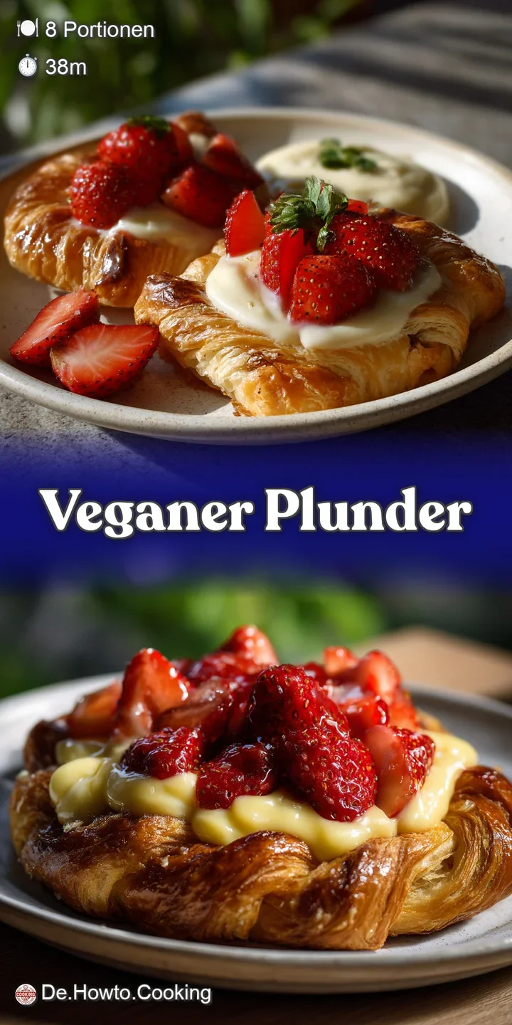 Close-up reveals crisp layers of golden vegan pastry oozing with smooth vanilla cream. Sweet aroma visually implied by del...