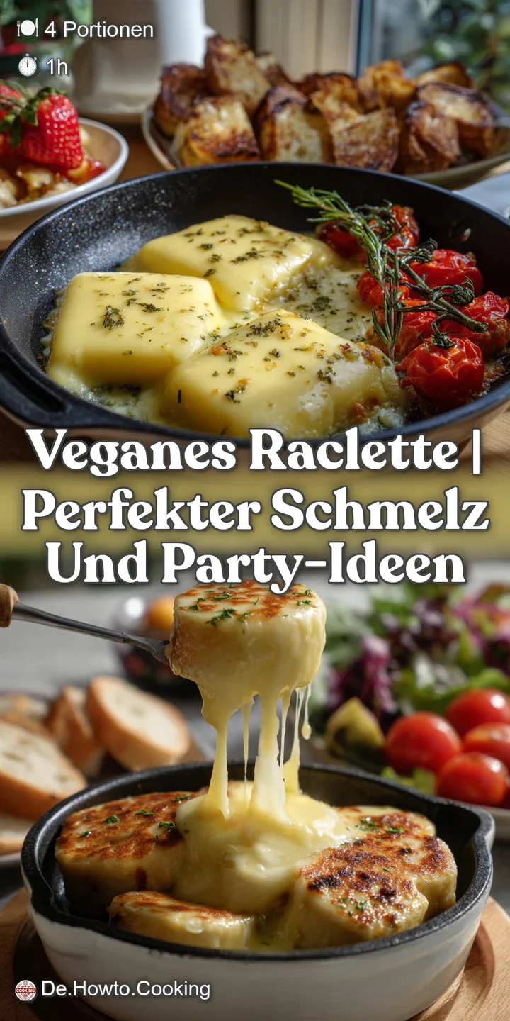 Close-up view of bubbling, golden vegan raclette, showing its creamy texture, with hints of herbs and spices.