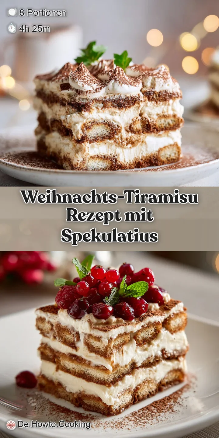 Close-up shows decadent layers of cocoa dusted cream and coffee soaked ladyfingers. Festive Christmas Tiramisu, a creamy, ...