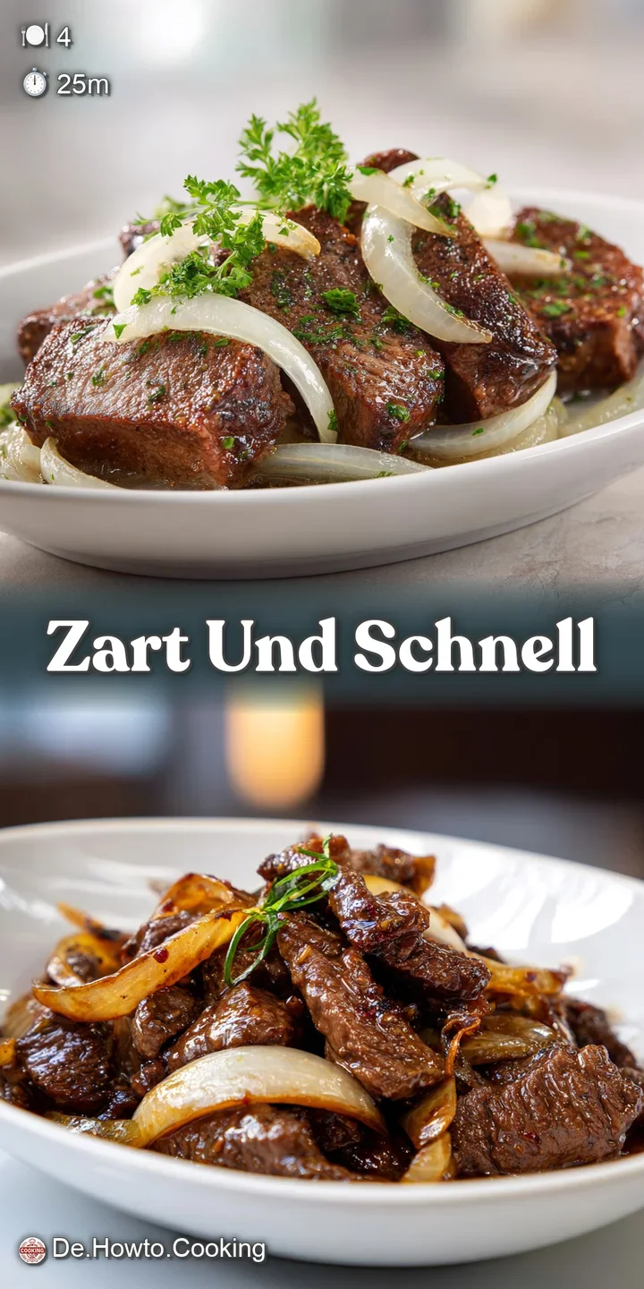 Close-up of savory beef and onions, the deep brown sauce glistening with flavorful fats. A hearty, mouthwatering dish.