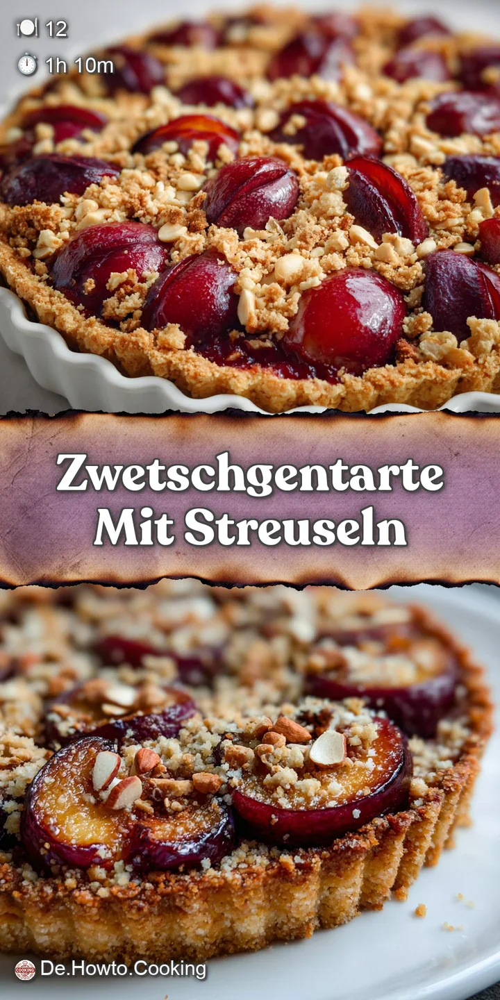 Close-up of a plum tart highlighting the vibrant purple plums, buttery streusel, and a delicate dusting of powdered sugar....