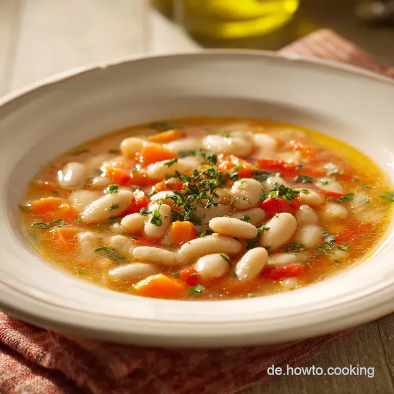 A rustic bowl of creamy white bean soup, garnished with fresh parsley and a drizzle of olive oil.