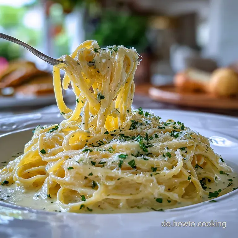 Linguine coated in rich Alfredo sauce, artfully twirled on a plate. Sprinkled parsley offers a vibrant green contrast to t...