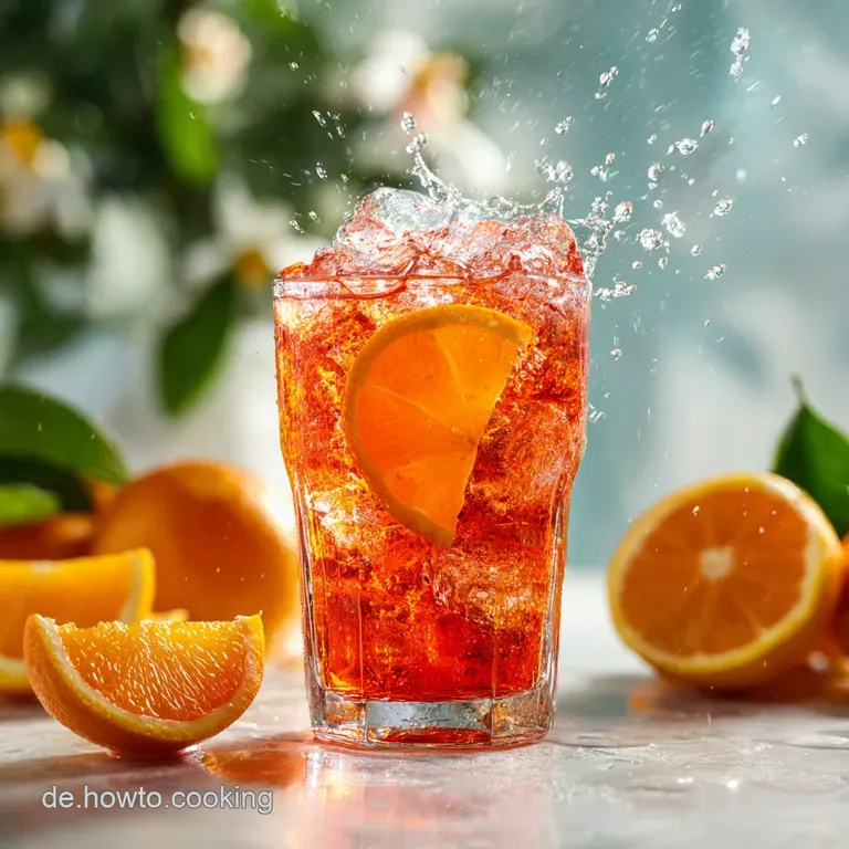 A stemmed glass filled with fizzy orange Aperol Bowle, garnished with a bright orange slice and a sprig of fresh mint. Ref...