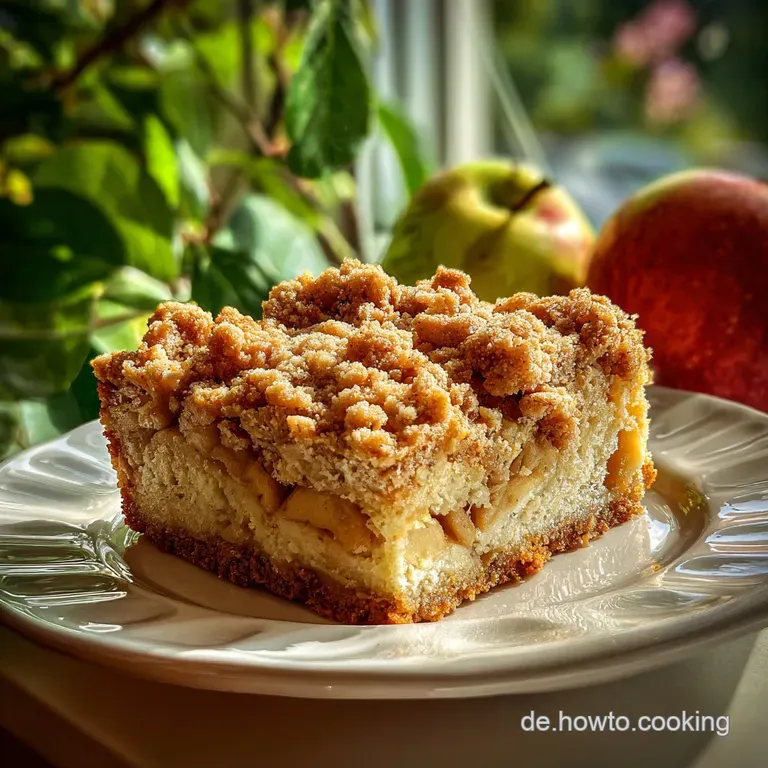 Slices of moist apple cake with a generous layer of golden brown crumbles, dusted with powdered sugar on a white plate.