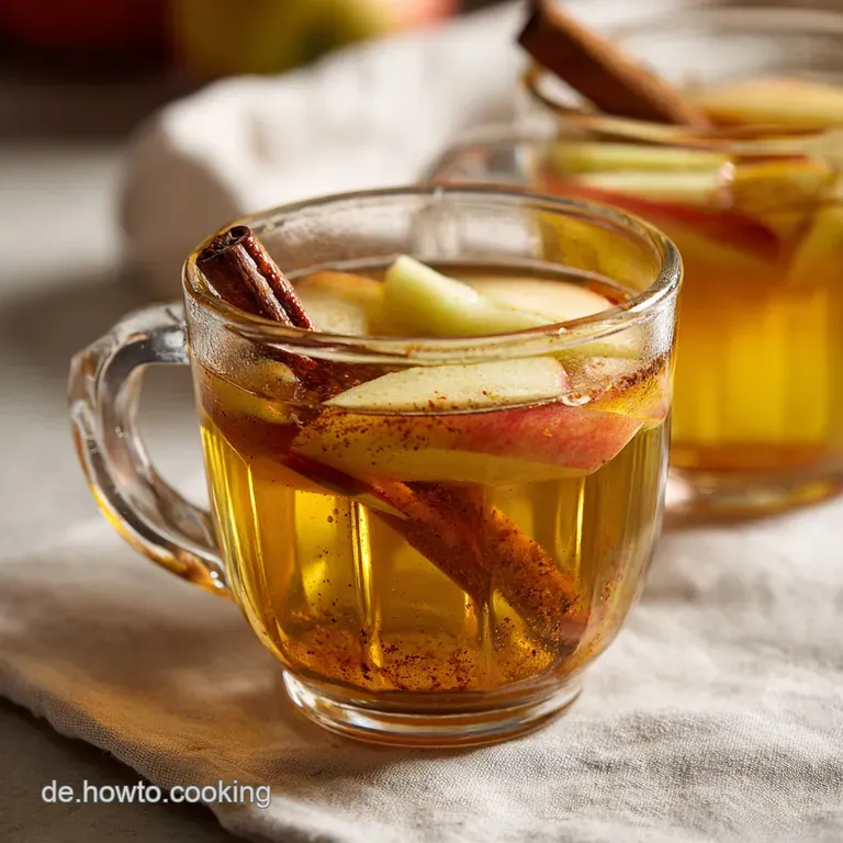 Delicate teacups filled with golden apple tea sit on a rustic wooden table. Star anise and apple slices garnish the inviti...