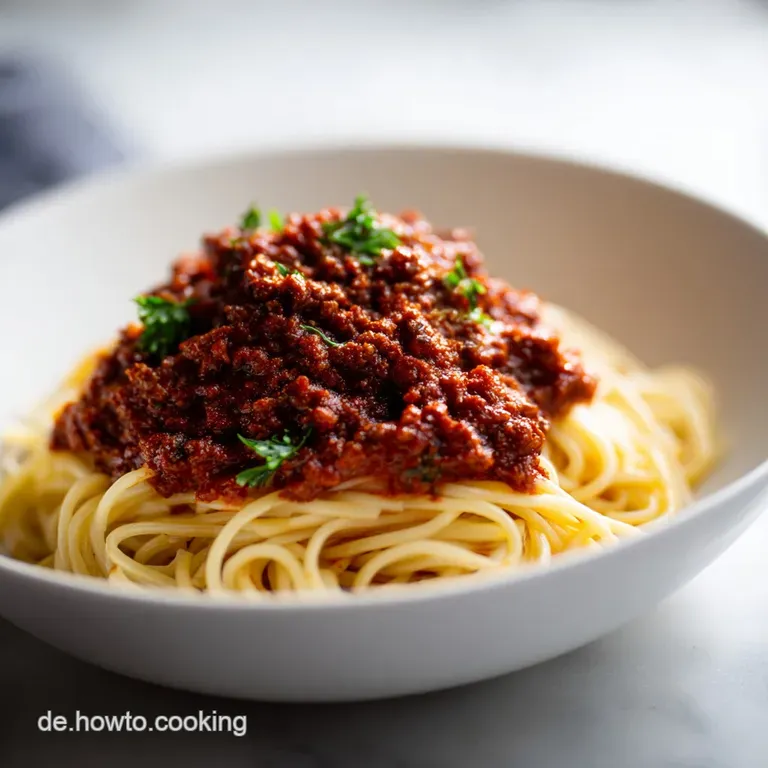 Eine gro&szlig;e Platte mit gl&auml;nzenden Nudeln, &uuml;berzogen von einer tiefroten Sauce und bestreut mit wei&szlig;em Parmesan.