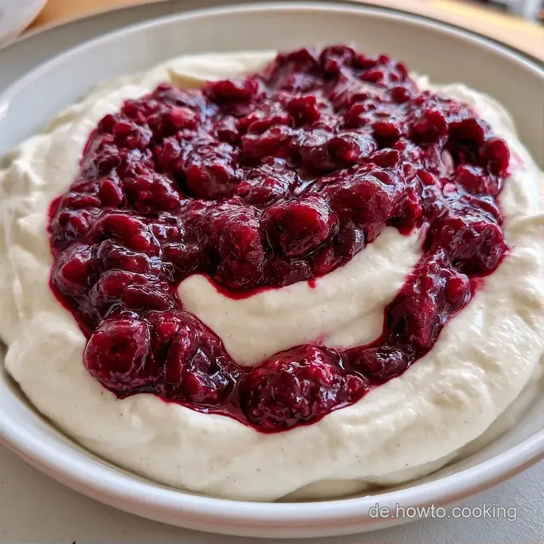 Drei gl&auml;serne Dessertschalen mit glatter, wei&szlig;licher Creme auf einer wei&szlig;en Platte, dekoriert mit Beerenfr&uuml;chten.
