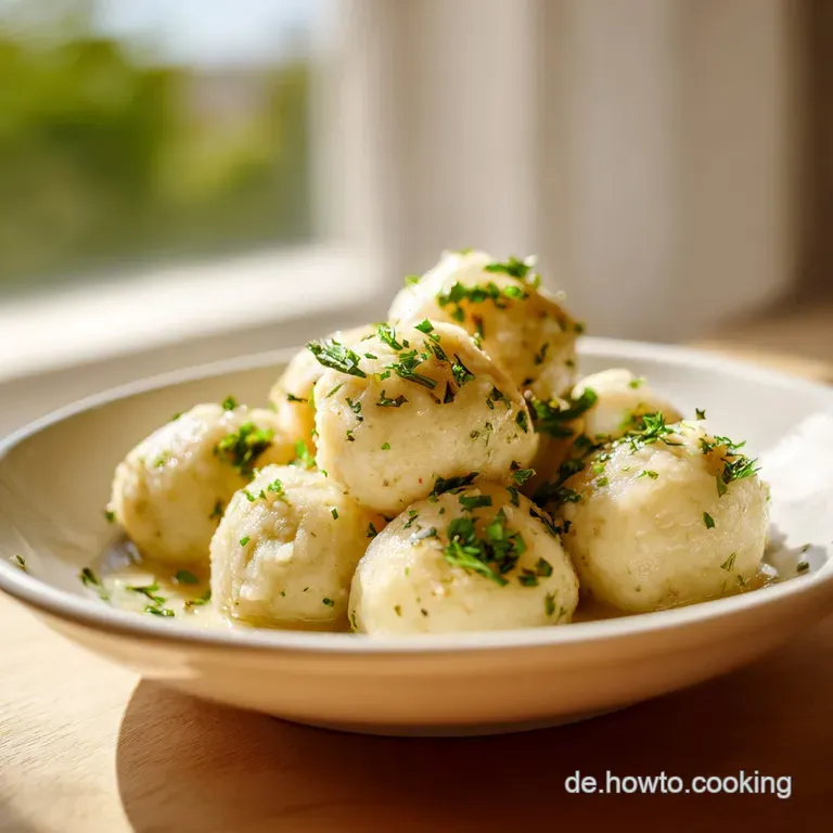 Elegant plate showcasing a stack of soft, round dumplings drizzled with a savory mushroom gravy.