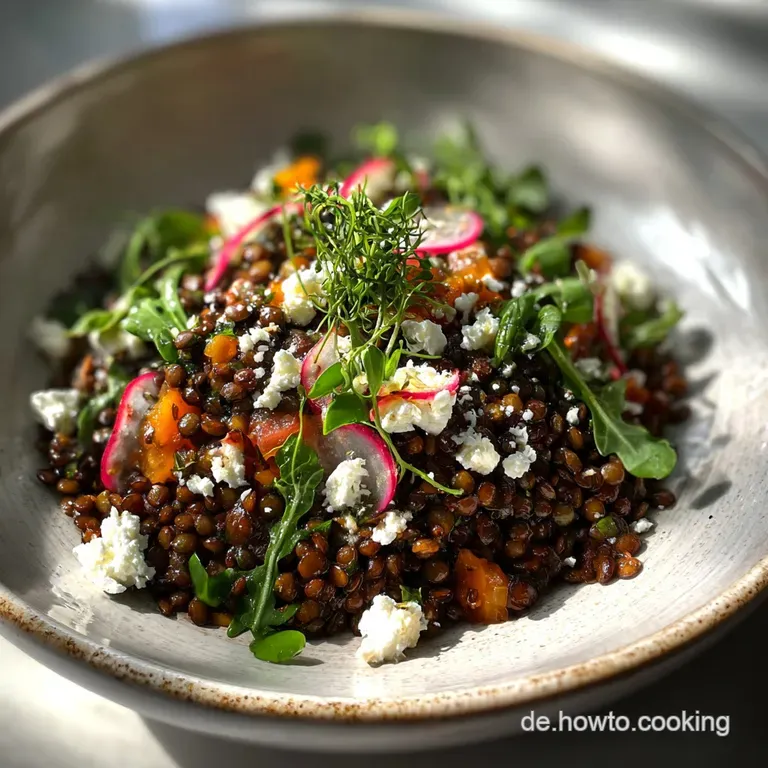 Beluga lentil salad artfully plated, topped with creamy feta, herbs, and a drizzle of olive oil, inviting freshness.