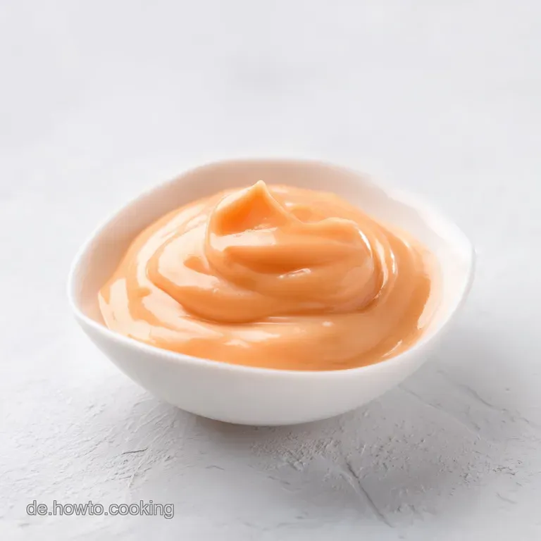 Ein kleines Sch&auml;lchen mit dickfl&uuml;ssiger orangefarbener Dipcreme auf einem Holzbrett neben frischem Salat und Br&ouml;tchen.