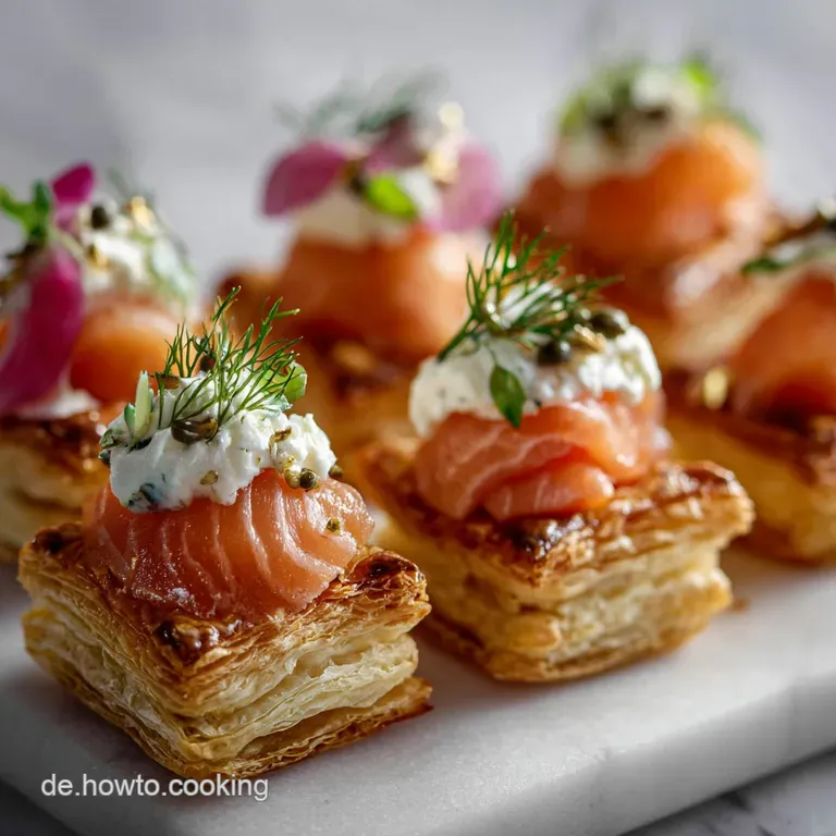Elegant arrangement of flaky salmon puff pastry appetizers on a white plate. Fresh dill sprigs add a pop of green, hinting...