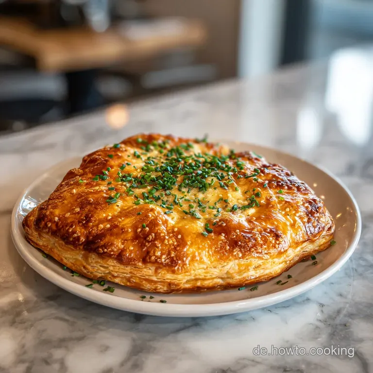 Flaky puff pastry appetizer, glistening with egg wash, presented on a rustic wooden board. Warm and inviting.