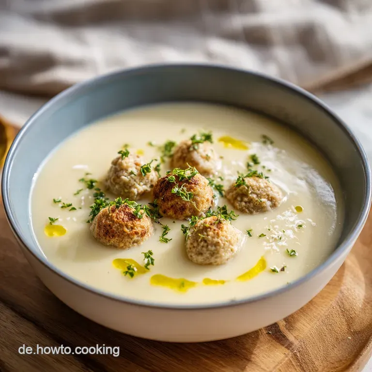 A shallow bowl filled with smooth, white cauliflower soup. Meatballs are nestled amongst vibrant green parsley leaves.