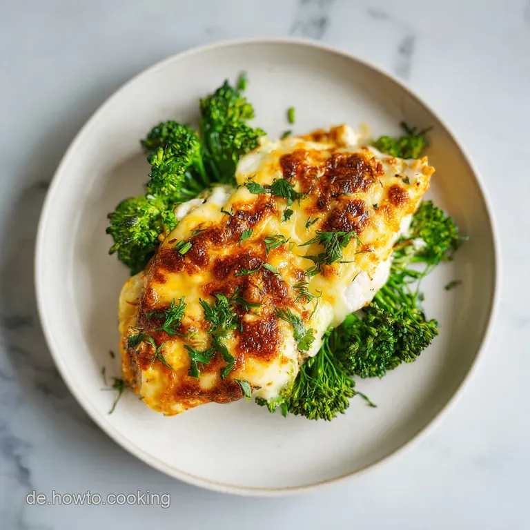 A neatly plated portion of baked broccoli and chicken in a creamy sauce, topped with a golden, bubbly cheese layer.