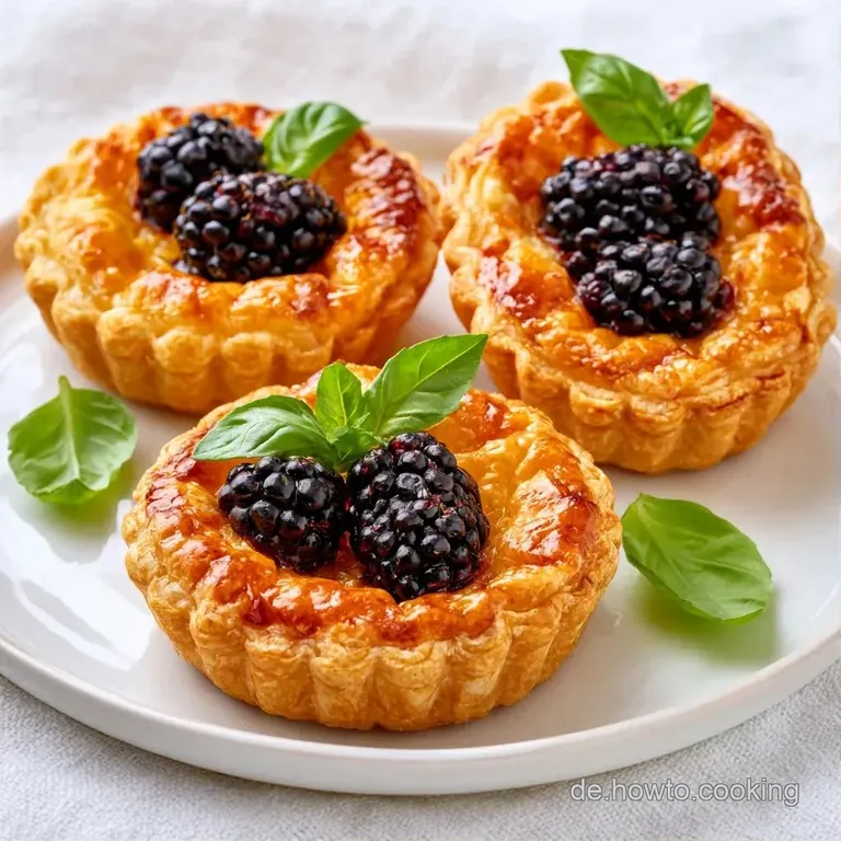 Drei goldgelbe Tartlets auf einem wei&szlig;en Porzellanteller, dekoriert mit dunkelvioletten Beeren und gr&uuml;nen Basilikumbl&auml;ttern.