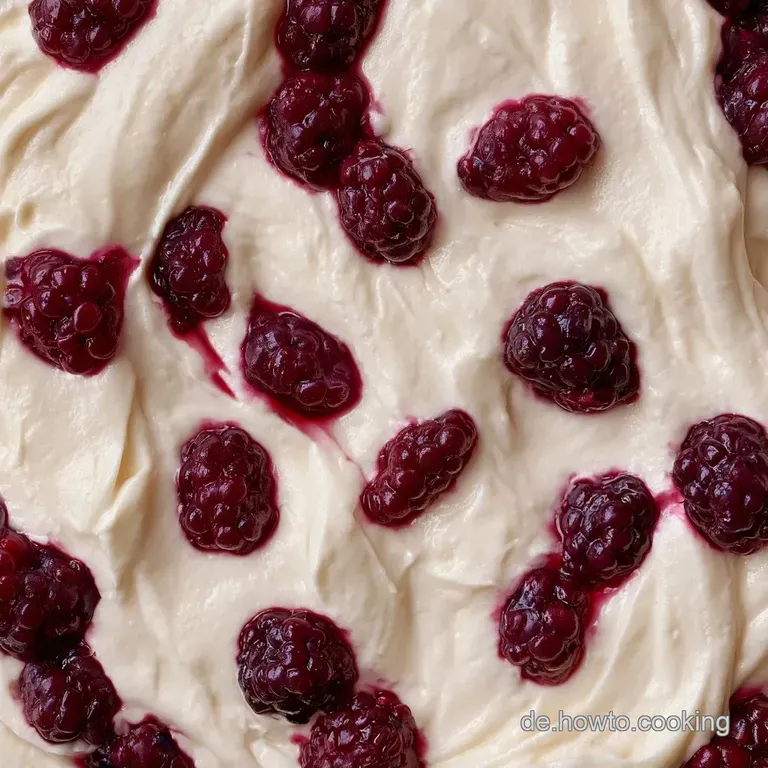 Elegant angerichtete Schichten aus wei&szlig;er Creme und dunklen Beeren auf einer wei&szlig;en Platte mit frischen Minzbl&auml;ttern.