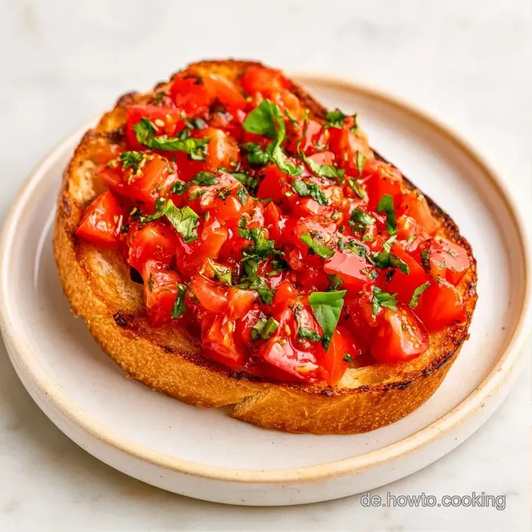 Knusprige Baguettescheiben auf einer wei&szlig;en Keramikplatte, bestreut mit roten Tomaten und frischen Basilikumbl&auml;ttern.
