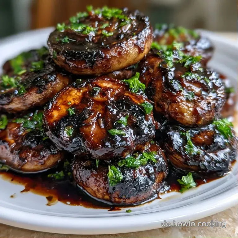 Saftige, dunkelbraune Grillpilze auf einer wei&szlig;en Platte, gl&auml;nzend von der Marinade und mit frischem Gr&uuml;n verziert.