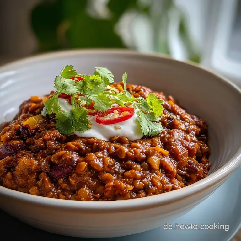 A vibrant bowl of rich, red chili, garnished with bright cilantro and a dollop of cream, showcasing a warm, inviting dish.