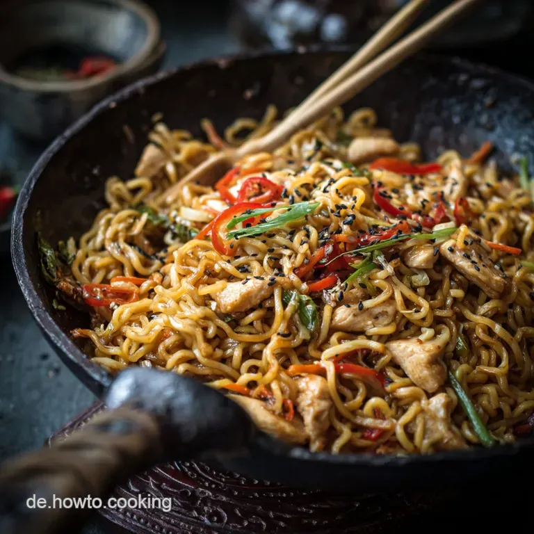 Chinesische gebratene Nudeln mit H&auml;hnchen: Wok-Pfanne wie beim Profi