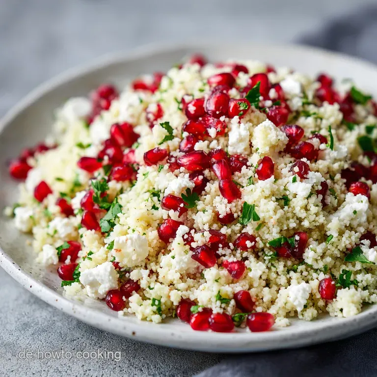Bright couscous salad artfully arranged on a plate, studded with jewel-toned pomegranate and topped with crumbled feta and...