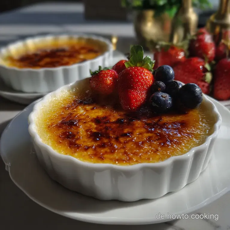 Elegant, individual ramekins of creamy custard, topped with a glistening, brittle sugar crust, a classic French dessert.