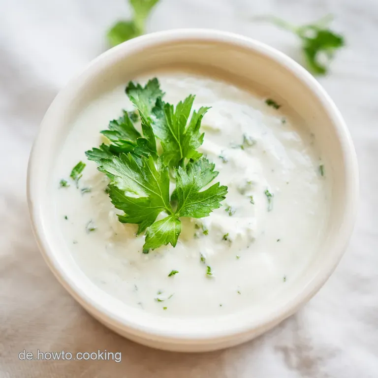 Kleine wei&szlig;e Sch&uuml;ssel mit glatter, wei&szlig;er Creme auf einem hellen Holztisch neben frischem, gr&uuml;nem Salat.