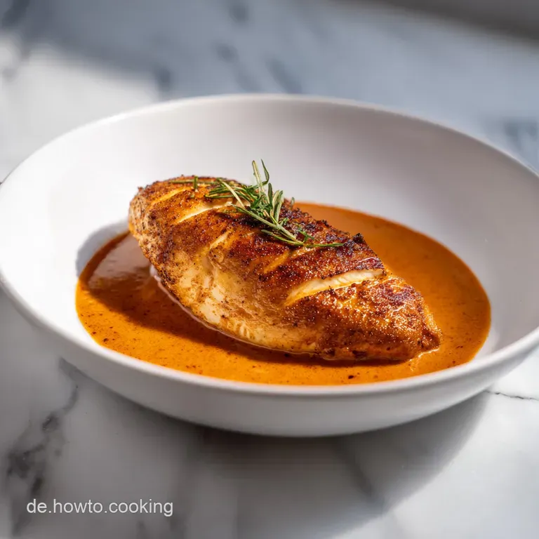 Cremige, gl&auml;nzende H&auml;hnchensauce auf einem wei&szlig;en Porzellanteller, garniert mit zarten Kr&auml;utern und sanftem Licht.