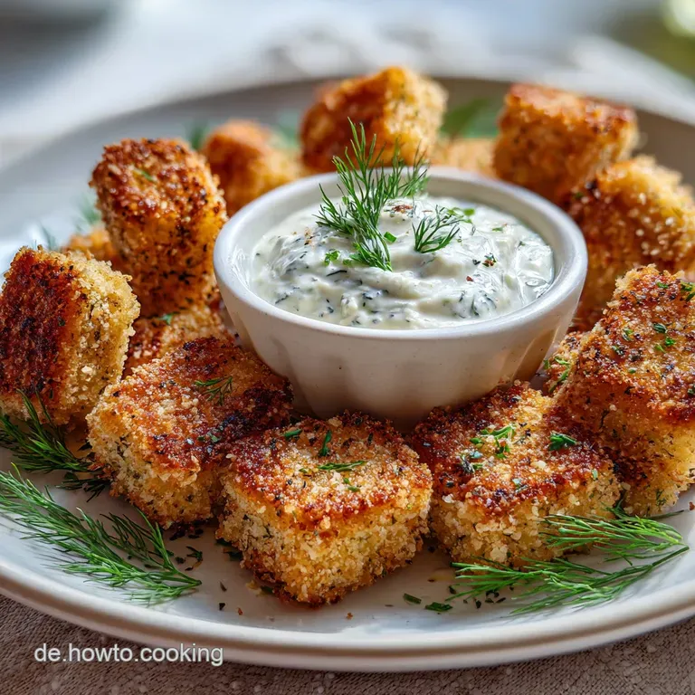 Crispy vegan fishless nuggets plated with a lemon wedge and creamy dill sauce, showcasing their golden, flaky texture.