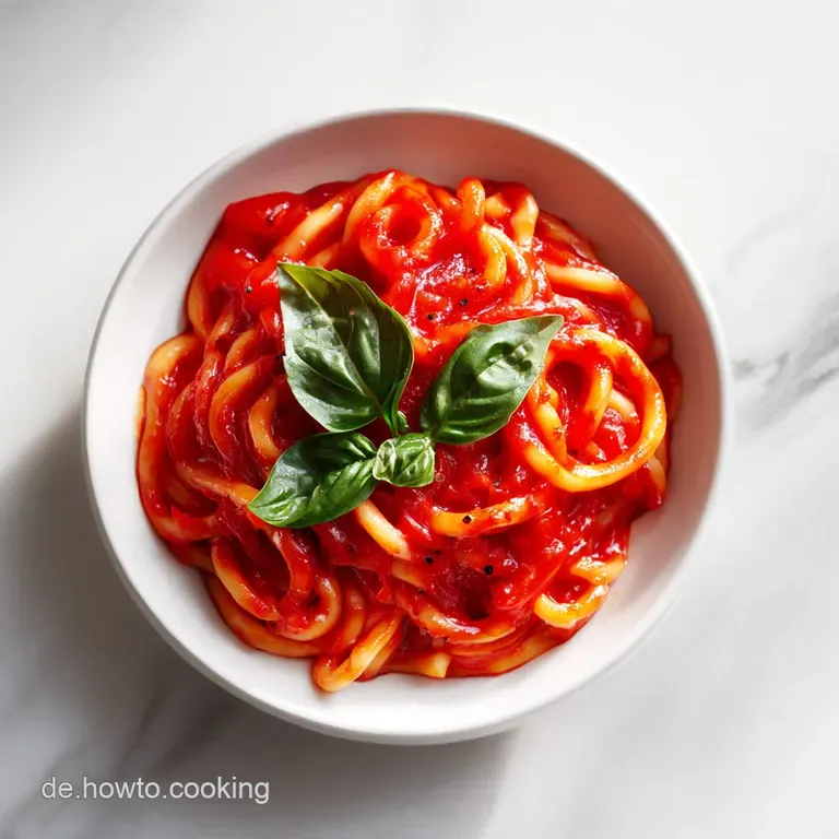 Gl&auml;nzende rote Sauce auf einem wei&szlig;en Porzellanteller, gekr&ouml;nt von einem Basilikumzweig und einem Tropfen Oliven&ouml;l.